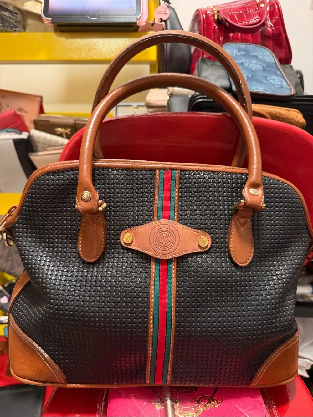Classic Black Woven Tote with Brown Trim and Stripe Accent w/crossbody
